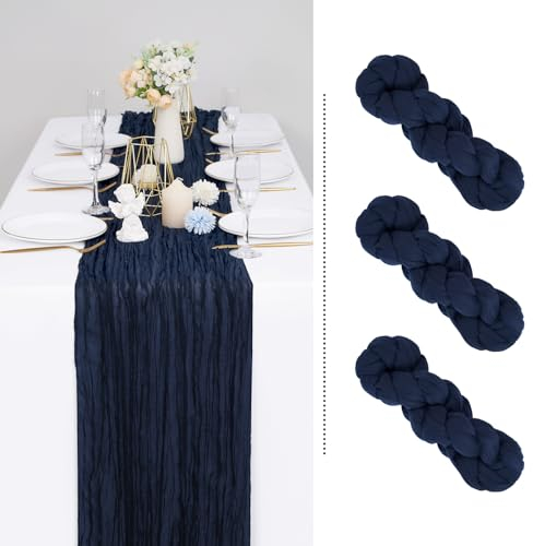 Showgeous 3 Stück Käsetuch Tischläufer Dunkelblau, 90 x 300 cm Tischläufer Boho Style Rustikaler Seihtuch Gaze Stoff Tischdekoration für Vintage Hochzeit Geburtstage Babyparty Urlaub Party