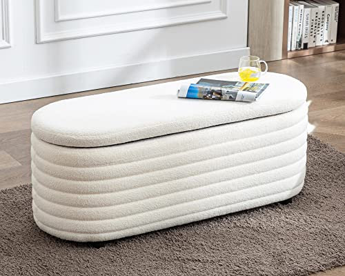 Wahson Sitzhocker mit Stauraum, Moderner Sitzbank Schlafzimmer Aufbewahrungsbox Teddystoff Fußbank Sitztruhe 115.5cm,Beige