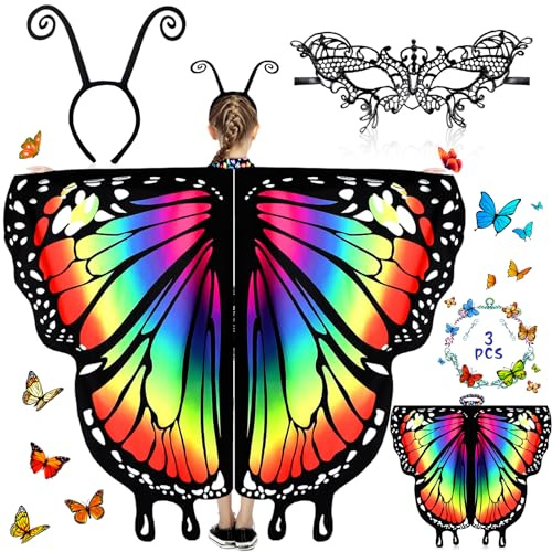 MOYKSRR Papillon Ailes pour Enfants, Cape Papillon avec Masque Papillon Bandeau, Papillon Enfant Ailes, Cape Papillon Déguisement, Ailes de Papillon pour Mascarade, Carnaval, Fête, Halloween
