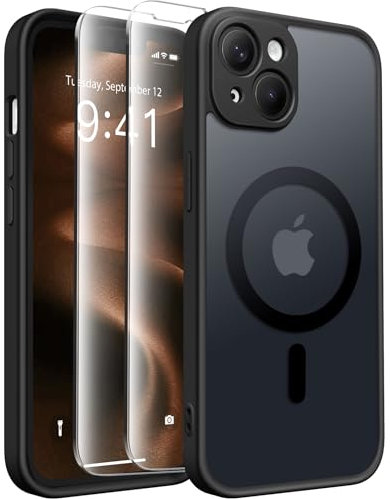 CAPRARO Magnetische für iPhone 14 Hülle,[Kompatibel mit MagSafe] [Vollständiger Schutz der Kamera] [14FT Fallschutz] Stoßfester Schutz Schlank Durchscheinende Matte Hülle für iPhone 14,Schwarz