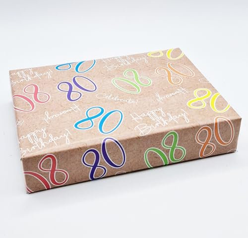 Geschenkpapier zum 80. Geburtstag, Aufschrift Happy Birthday, mehrfarbig, Braun, Unisex, Geschenkpapier zum 80. Geburtstag, männlich, weiblich, 4 Bögen