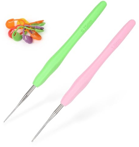 Coopay Häkelnadel Set 0,75 mm und 1,0 mm - 2 Stück Kleine Häkelnadeln für Spitzen und Feines Häkeln - Ergonomischer TPR Griff, Weich und Spitz