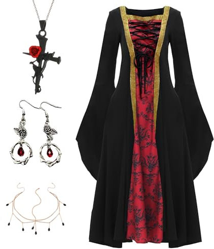 IEEILULU Damen Vampir Kostüm, Mittelalterliches Kleid mit Halskette, Ohrringen und Stirnband, Vampirkostüm für Halloween, Fasching, Cosplay & Maskerade (L)