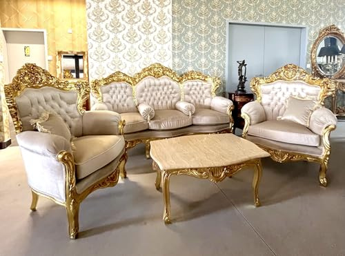 Sofa Set French Louis Style in Beige Color Retro Baroque Rococo Style Couch Set Beige Velvet Gold Finish for Home Decor for Hotel Lobby Decor
