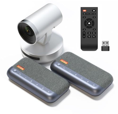 Nuroum Système de Vidéoconférence Tout-en-Un, PTZ Webcam 1080P avec Télécommande,Zoom Optique 5X,4 Mic Antibruit,Grand Angle 122°,Autofocus,Haut-Parleurs de Conférence Bluetooth Connectés en Guirlande
