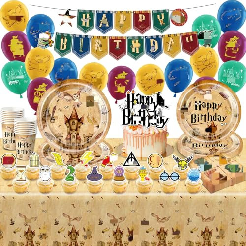 Luclay Geburtstag Party Geschirr Deko Wizard Kinder-84Pcs Ballons Pappteller Tischdecke Banner Geburtstags Birthday Cake Topper Tableware Supplies Servietten Tassen Für Kindergeburtstag Junge Mädchen