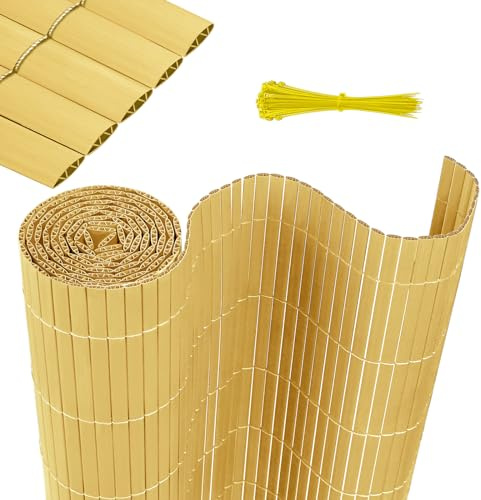 HENGMEI PVC Sichtschutzmatte Sichtschutzzaun Balkonverkleidung Sichtschutz Wasserdicht Sichtschutzzaun mit Kabelbindern Verstärkte Lamellen Privatsphäre PVC Zaun Blickdicht, 80x300cm, Bambus