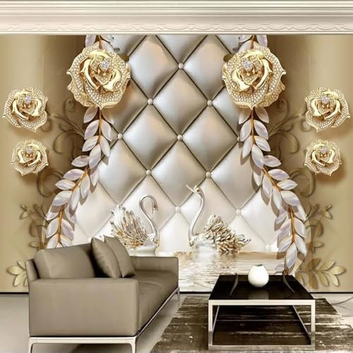 XLMING Kubischer Goldschmuck Blumen Schwan 3D Tapete Dekorative Speisesaal Arbeitszimmer Wohnzimmer Schlafzimmer Sofa TV Wand-250cm×170cm