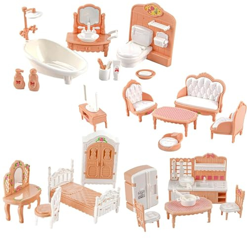 JOAASU Puppenhaus Möbel Set, Puppenhaus Möbel, Zubehör Puppenhaus, Möbel für Minipuppen aus Kunststoff, Küchen und Wohnzimmer Set, Schlafzimmer und Badezimmer Set, Puppen Zubehör Spielzeug (C)