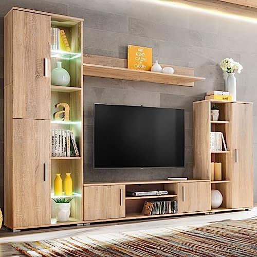 HETFTJN TV Wohnwand Sonoma Eiche mit LED Beleuchtung 260 x 30 x 180 cm TV Schrank Lowboard Sideboard Fernsehschrank Set für Wohnzimmer