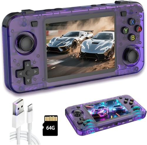 Neue R36H Retro-Handheld-Spielkonsole, tragbare Videospielkonsole mit 3,5-Zoll-IPS-Bildschirm, integrierter 64-GB-Karte und 15.000 Spielen, Open-Source-Linux-System (Lila，64g)
