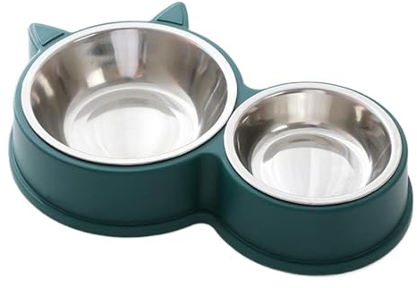 Stainless Steel Cat Bowl, Green One-Piece Double Bowl Cat Set With Non-Slip Foot Pad, Removable Pet Food And Water for Cats And Dogs (Green)
