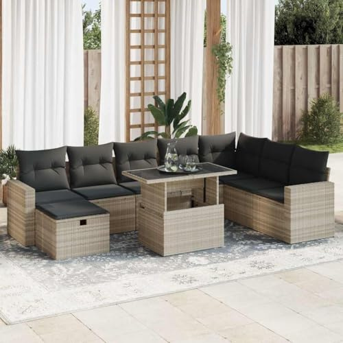QJBSAVVA 9-TLG. Poly-Rattan Ecksofa mit Hocker, Tisch 62×62×69 cm, hellgrau, Stauraum, UV-beständig, Balkon/Terrasse