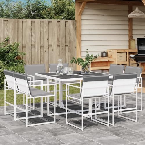 Tonture 9-TLG. Garten-Essgruppe, Weiß Textilene, UV-beständig, platzsparendes Design, für Terrasse, Balkon, Garten, mit Kissen, pulverbeschichteter Stahlrahmen