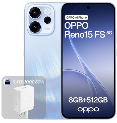 OPPO Reno15 FS 5G Smartphone Sbloccato, 8+512GB, Fotocamera Grandangolare 50MP FOV 100°, Display 6.57 120Hz, AI Portrait Glow, Batteria 6500mAh, IP69, Aurora Blue (Include Caricatore 80W SUPERVOOC)