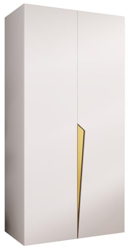MEBLE KRYSPOL - Kleiderschrank - Garderobenschrank - 100 cm x 202 x 52 cm - Schrank mit Kleiderstange, 2 Türen - für Schlafzimmer, Flur - Piano, Weiß, Griff Gold