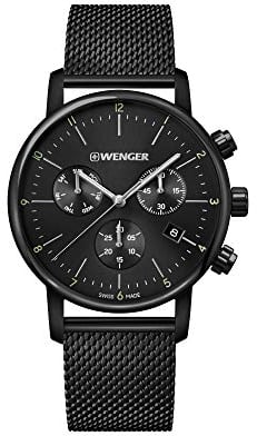 WENGER Herren Armbanduhr Urban Classic Chronograph Ø 44 mm, Swiss Made, Analog Quarz, Wasserdicht bis 100 m, Mesh-Armband, Schwarz, 01.1743.116
