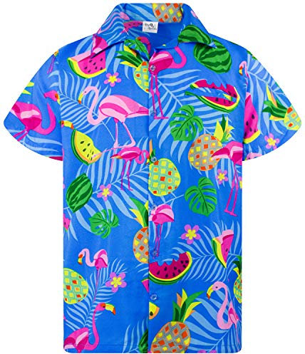 King Kameha Hawaiian Shirt Men Fruit-Designs Regular-Shirt Short-Sleeve, Flamingo-Melon, Indigoblue, XXL