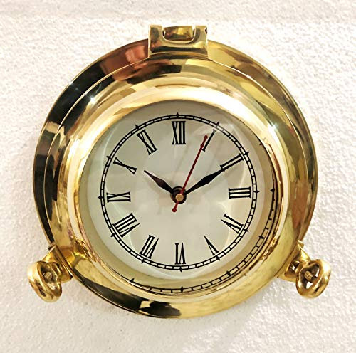 Orologio analogico marino antico in ottone massiccio lucido a forma di oblò della nave, orologio nautico da appendere alla parete, decorazione per la casa