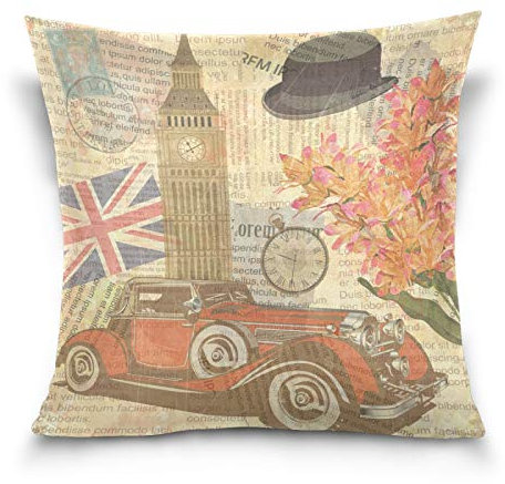 PUXUQU Kissenbezug 50x50 cm Jahrgang Britisch UK London Big Ben Dekorative quadratische Kissenbezüge Kissenhülle für Couch Sofa Schlafzimmer Auto