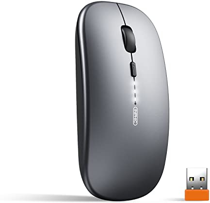 INPHIC Mouse wireless ricaricabile, ultra sottile 2.4G silenzioso mouse senza fili ottico 1600 DPI con ricevitore USB per laptop, MacBook, PC, Windows, ufficio, carica batteria visibile, grigio