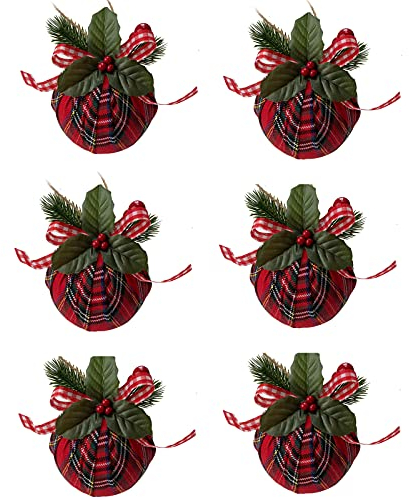 NIUXICH 6 Weihnachtskugeln, roter Büffelkariert, Kugel-Ornamente mit Schleife, grüne Blätter, rote Beeren, Dekoration für Weihnachtsbaum, Urlaub, Party, Zuhause