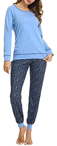 Litherday Women's Pyjamas Set Soft Long Sleeve Cotton Sleepwear Ladies Pjs Loungewear Sets Tops and Plaid Pants Nightwear with Pockets（Star-Blue，XL）