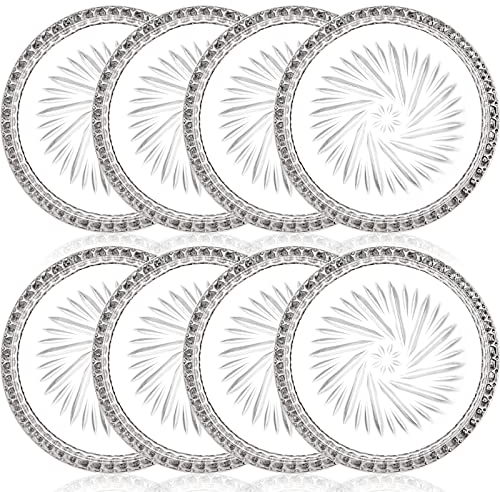 AVLA 8 Pack Crystal Drink Coasters, Glass Round Cup Mat, Clear Decorative Wine Bottle Coasters Barware Set for Table Protection of Home Kitchen, Dining Room, Patio, Coffee Shop, 3.75, Carved Design