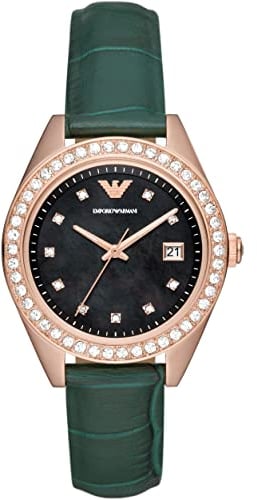 Emporio Armani Orologio da donna, movimento a tre lancette con data, cassa in acciaio inossidabile riciclato (almeno 50%) da 36 mm con cinturino in pelle, AR11506, Tono Oro Rosa e Glitter Verde, 36 mm