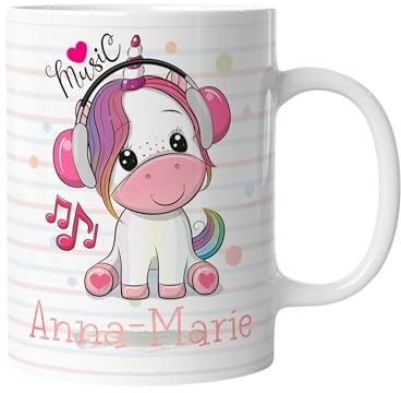 timalo® Einhorn Kindertasse mit Namen bedrucken lassen | Personalisierte Tasse mit Wunschname für Kinder Geschenktasse | Mädchen Geschenk rosa | mug-ki-01
