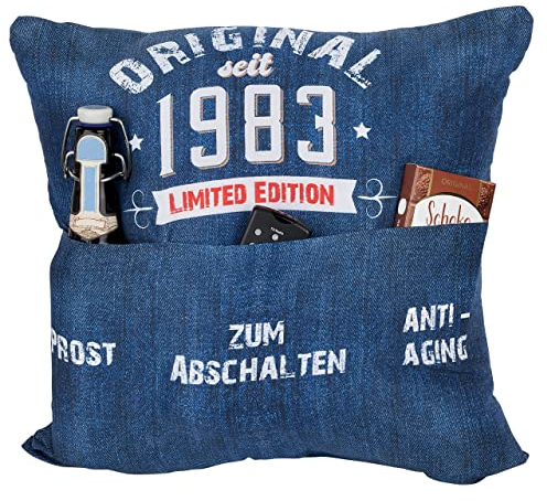 KAMACA Originelles Dekokissen Kissen mit 3 Taschen zum selber Befüllen Größe 43x43 cm tolles Geschenk zum runden / 40. Geburtstag (Geburtstag - Jahrgang 1983)