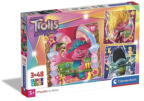 Clementoni - 25292 - Supercolor Puzzle - Trolls 3-3 Puzzle mit 48 Teile Ab 5 Jahren, Buntes Kinderpuzzle Mit Besonderer Leuchtkraft & Farbintensität, Geschicklichkeitsspiel Für Kinder