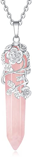 XIANNVXI Blume Rose Anhänger Halskette für Frauen Rosenquarz Punkt Mutter Heilung Kristall Stein Halsketten Spirituellen Natürlichen Reiki Schmuck Ggeschenk Mama