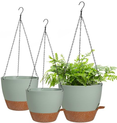 Lucieblessdesign Hängende Pflanzgefäße für drinnen und draußen, 25.4 cm, 3 Stück, hängende Pflanzkörbe, Blumentöpfe mit abnehmbarem Tablett (grün + braun)
