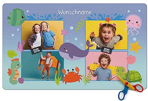 PR Print Royal Schreibtischunterlage selbst gestalten mit Fotos und Name - Meerestiere - Waschbar, Personalisierte Geschenke zur Einschulung | 600 x 350 mm, Rutschfest, Schreibtischschutz