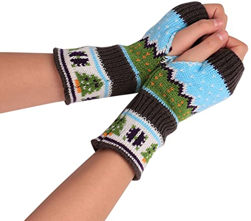 QWUVEDS Damen Weihnachtsbaum Verdickte Wolle Offene Finger Stricken Bunte Warme Halbfingerhandschuhe Bauchtanz Kostüm Damen Große Größen (D, A)