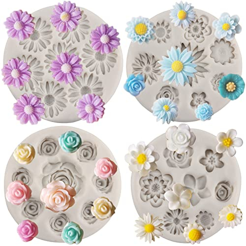 MYPRACS Lot De 4 Moules En Silicone En Forme De Fleur De Marguerite De Fondant De Fleur De Plumeria De Bonbons Pour Décoration De Cupcake Décoration De Gâteaux Pâte à Gomme Au Chocolat Argile Polymère
