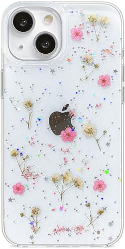 Abbery für iPhone 13/14/15 Hülle Blumen Muster Durchsichtig Mit Echte Getrocknete Rosa Blumen Motiv Glitzer Sparkle Silikon Frauen Mädchen Stoßfeste süß Schutzhülle Handyhülle Cover