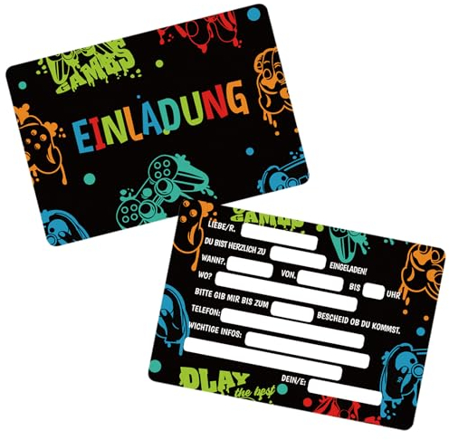 Elektheim 12 x Video Gaming Spiel Einladungskarten, Videospiel Gamer Pixelmotiv,Einladungskarten für Mädchen & Jungen Kindergeburtstag, Video Gaming Spiel Einladungskarten