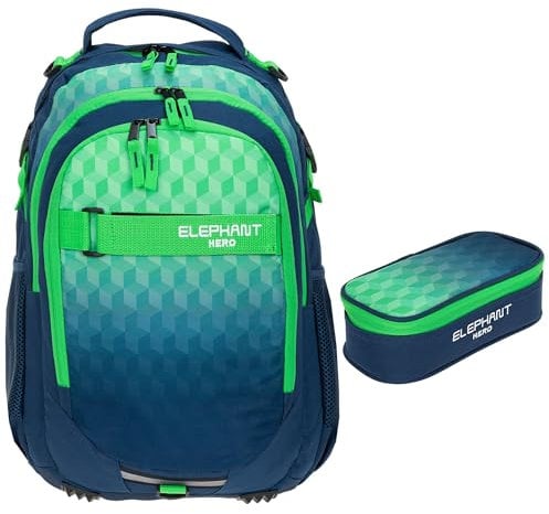 Elephant 2 Teile Set Rucksack Signature Hero Schulrucksack 12723 + Mäppchen Box (Green Cube 12810)