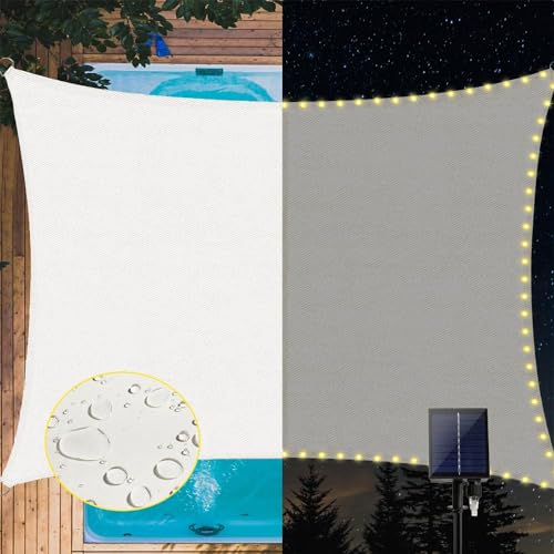MeetYr Life LED-Sonnensegel, wasserdicht, 1,8 x 3 m, integrierte LED-Lichterkette, All-in-One-Schattensegel, 98 % UV-Schutz, für Terrasse, Deck, Garten, Weiß
