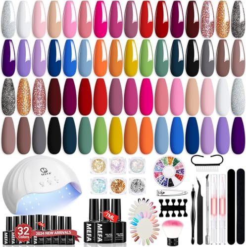 MEFA 54 Pcs Gel Nail Kit with 48W UV Lamp, 32 Colors White Pink Red Gel Nail Polish Set with Base and Matte Glossy Top Coat Nail Art Decorations Manicure Tools DIY Salon Home