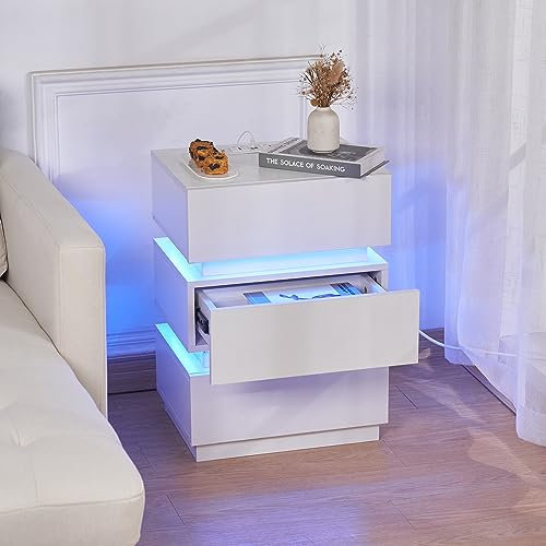 Lvhecforhm Table de Chevet avec Multiprise, Table de Chevet avec Station de Charge, LED Réglable, Haute Brillante avec 3 Tiroirs, Moderne Blanc pour Chambre à Coucher