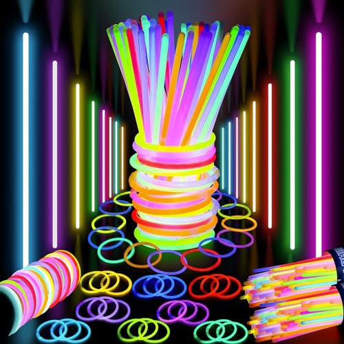 Premium Halloween Party Glow Sticks for Kids- 100 Pc Glow in the Dark Sticks with Connectors- 8 inch Glow Sticks Bulk Pack- Glow Neon Bracelets- Ultra Bright Party Supplies- Halloween Party - 100 Pack