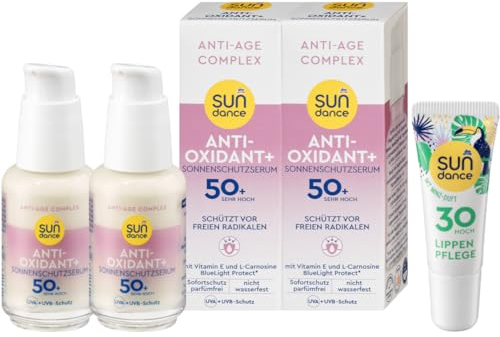 sundance 3er-Set Sonnenschutz: Sonnenschutzserum ANTI-OXIDANT+ schützt vor freien Radikalen, UVA- & UVB-Schutz, Anti-Age mit Vitamin E, LSF 50+ (2 x 30 ml) + Lippenpflege MINZE, LSF 30 (10 ml), 70 ml