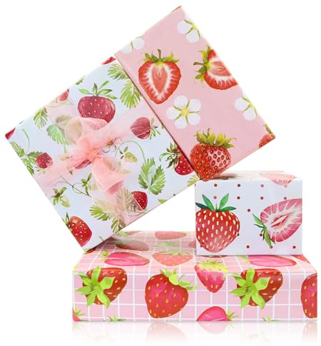 Erdbeer Geschenkpapier Geburtstag,Frucht Geschenkpapier Rosa Mädchen 4 Designs 8 Stück,Süßes Rote Wrapping Paper Kinder Jungen 20 x 27 Zoll für Baby Shower Hochzeit Frühling Sommer Party DIY Handwerk