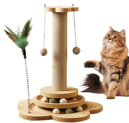 Tronco rascador para gatos de interior, 40 cm, columna rascador para gatos con muelle y pie giratorio de madera, rascador para gatos grandes, estable con sisal y bola colgante