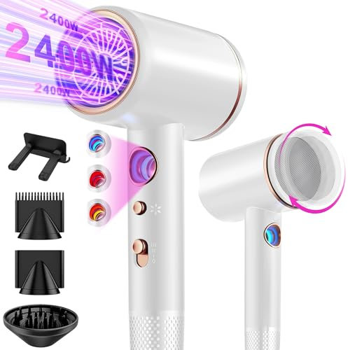 Föhn,Fön,Haartrockner Profi Ionen mit AC Motor 2400W Reisefön Diffusor|Haarfön 4-in-1|Heiß-/Kalttaste|3 Heiz&3 Geschwindigkeitsstufen|Hair Dryer mit Schnelle Aufheizung& Konstante Temperatur,Weiß