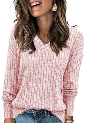 Famulily Casual Pullover Damen V Ausschnitt Langarmshirt, Oversize Leichte Strickpullover Elegant Oberteile Herbst (XL,Rosa)