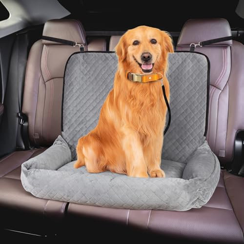 Todeco Hunde Autositz für Große und Mittlere Hunde, Waschbar und Abnehmbar Hundesitz Auto mit Sicherheitsgurt, Seitliche Lagerung Taschen, Wasserdichter Hundeautositz für Rück- und Vordersitz, Grau